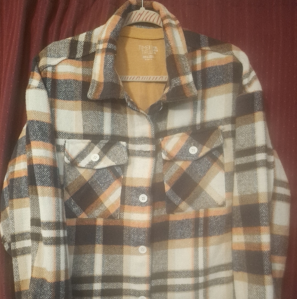 Men's Plaid Button-Up Shacket in Cream, Orange & Brown